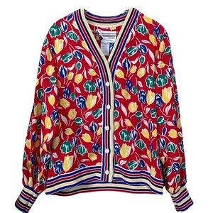 Castleberry Floral Tulips Lightweight Cardigan Sweater Red Blue Yellow Size 12